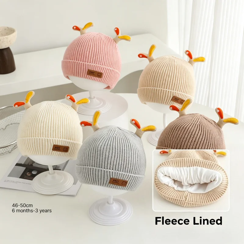 Knit Beanie Hat Warm - 子供用帽子 46～50cm、6ヶ月～3歳向け、女の子用、冬用、屋外用、防風、暖かい、耳当て付き、ニット帽、男の子用、防寒帽、子供用帽子。
