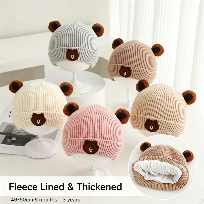 Knit Beanie Hat Warm - ベビー用冬用帽子 46～50cm 6ヶ月～3歳向け、耳当て付き、暖かいニット帽、男女兼用、防風・防寒、厚手のビーニー。