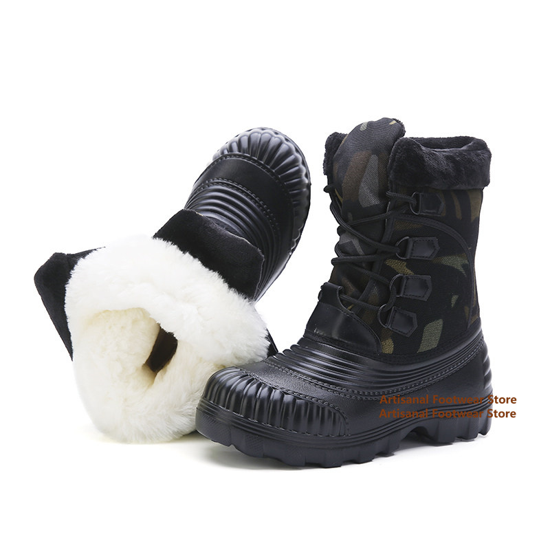 Waterproof Winter Boot - メンズ カモフラージュ柄 スノーブーツ、防水加工、ゴム製つま先保護、暖かいフェイクファー裏地、レースアップ、滑り止め、アウトドア用ハイキングブーツ、冬用メンズブーツ。