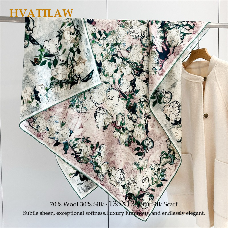 高級 135x135cm シルクウールスカーフ 30% シル - Shawl Wrap Winter のレビューと価格