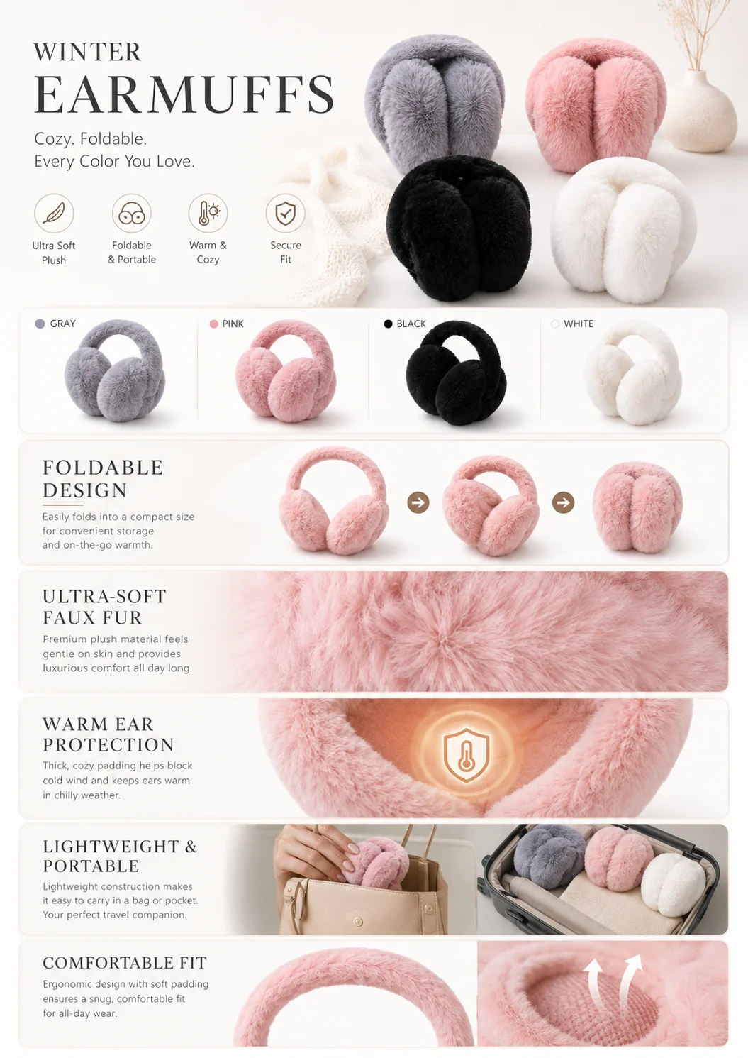 超暖かいプラッシュイヤーマフ、折りたたみ式耳保護具（学生やサ - Earmuffs Foldable のレビューと価格