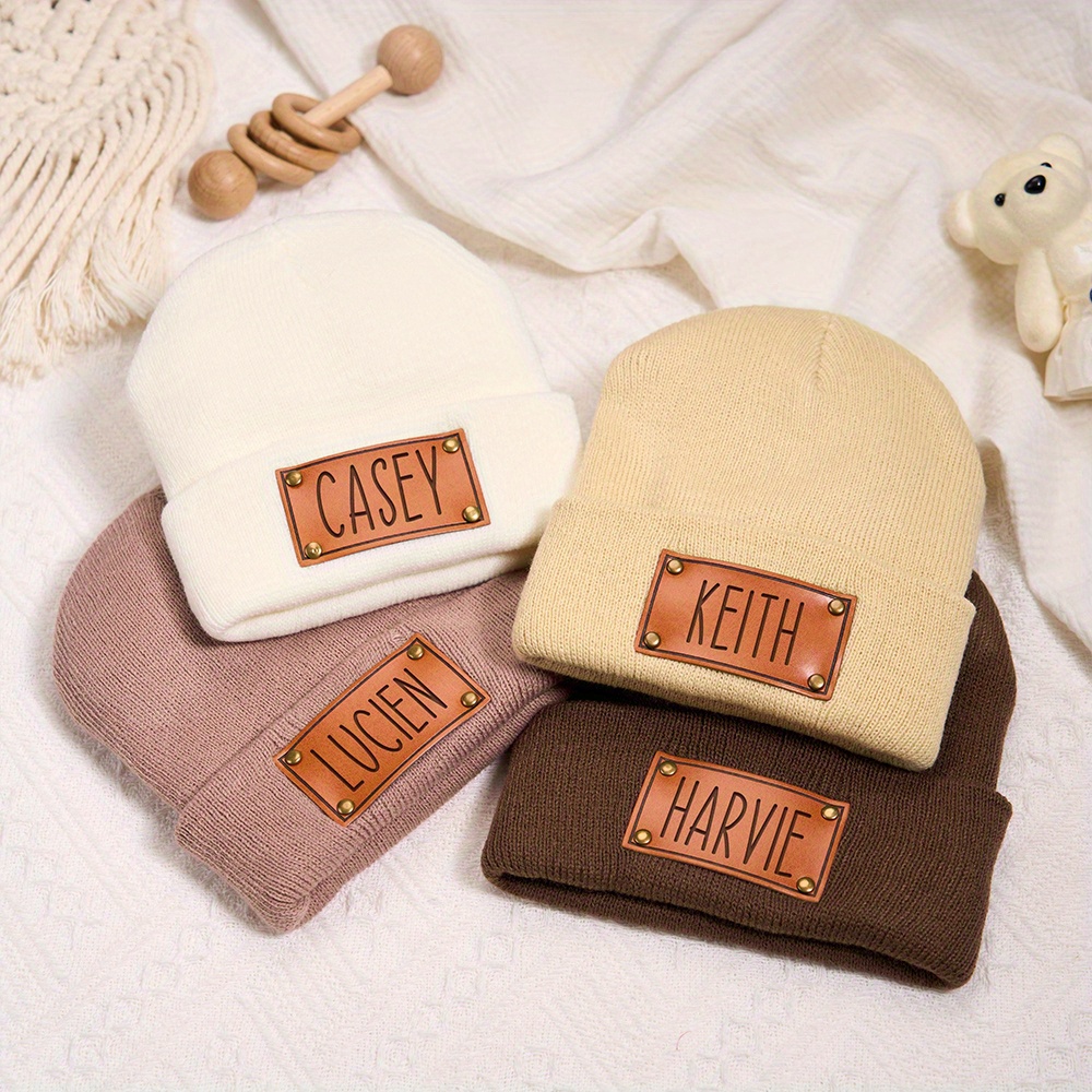 カスタムレザーパッチ付きニット帽、名前入り、カスタム刻印タグ - Knit Beanie Hat Warm のレビューと価格